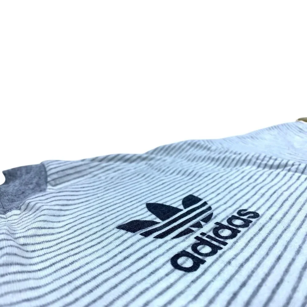 Vintage 80s Adidas T Shirt Men's LARGE Gray White Trefoil Single Stitch Striped